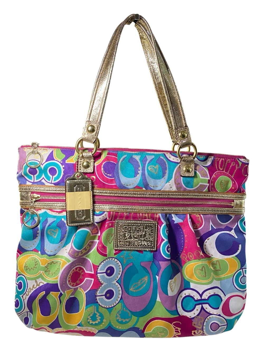 Coach Poppy Pop C Glam Tote Multicolor Signature C Fabric Leather Trim Graffiti
